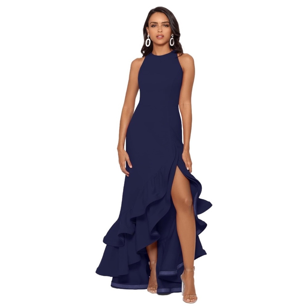 Betsy & Adam
Round Neck Sleeveless Ruffle High-Low Stretch Crepe Gown